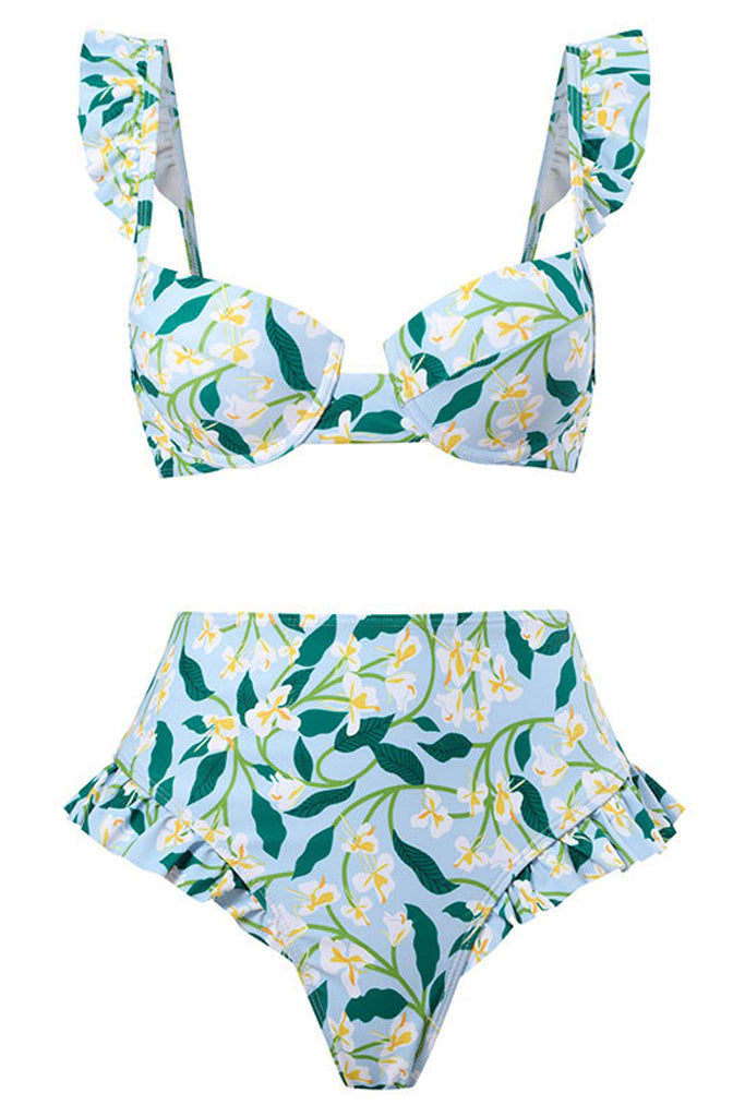 Anlita Γαλάζιο Φλοράλ Μπικίνι Μαγιό με Παρεό | Γυναικεία Μαγιό Παρεό - Μπικίνι- Swimwear | Anlita Light Blue Floral Printed Bikini with Pareo Set