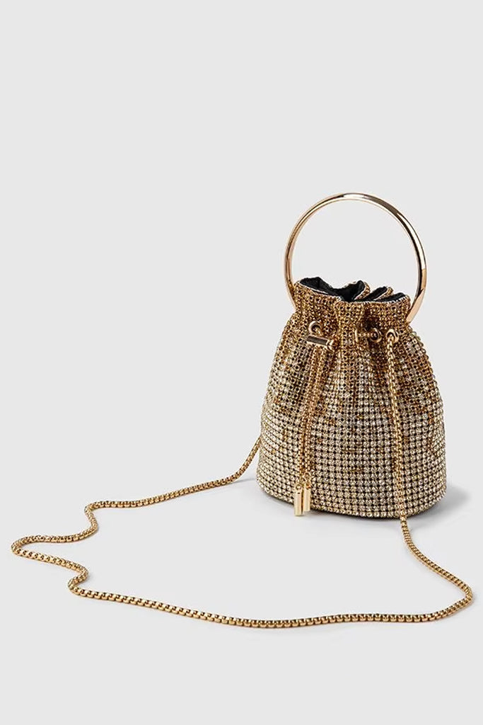 Jennifer Χρυσό Τσαντάκι Bucket Bag με Κρύσταλλα