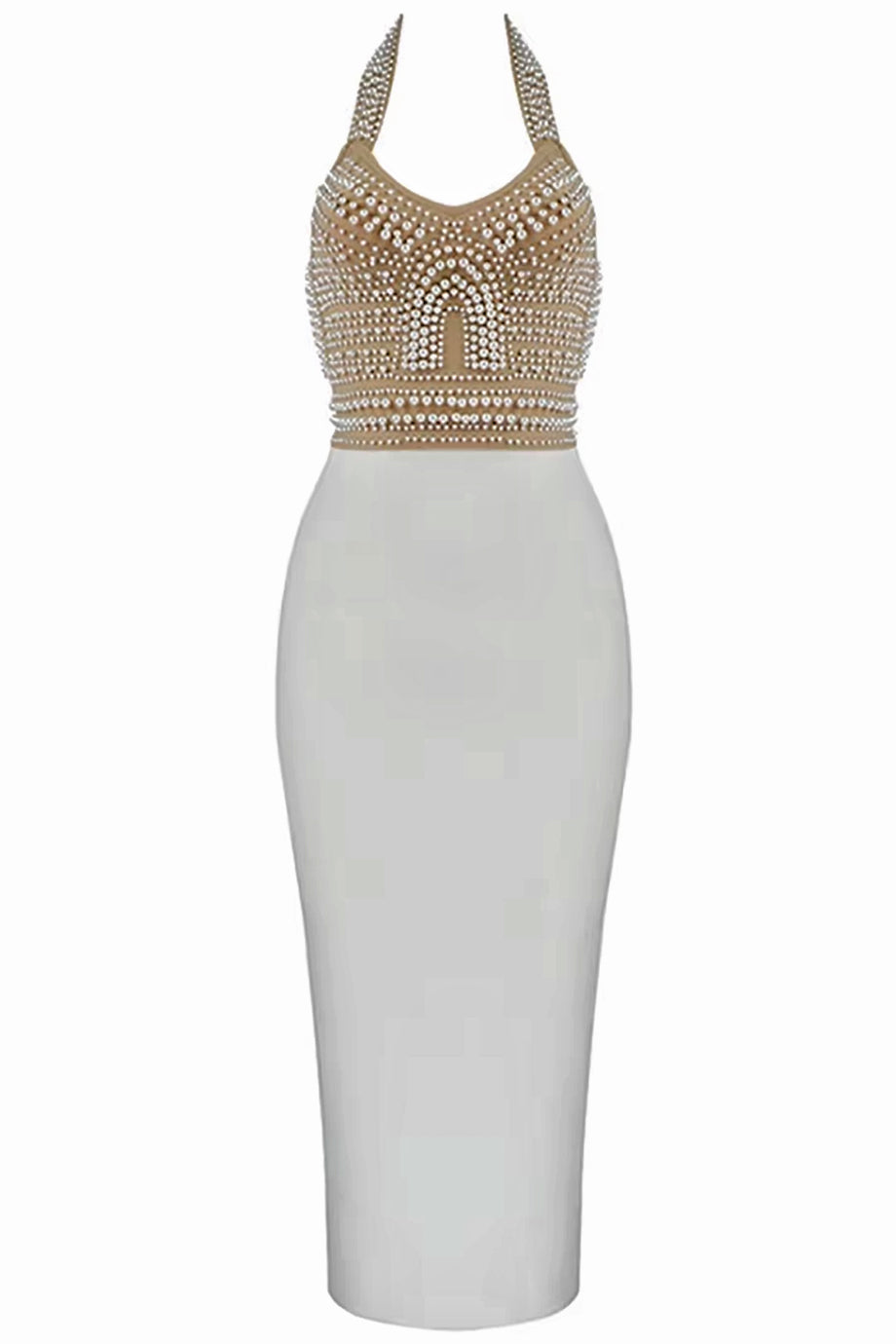 Melany Λευκό Φόρεμα με Πέρλες | Γυναικεία Ρούχα - Φορέματα - Βραδινά | Melany White Dress with Pearls