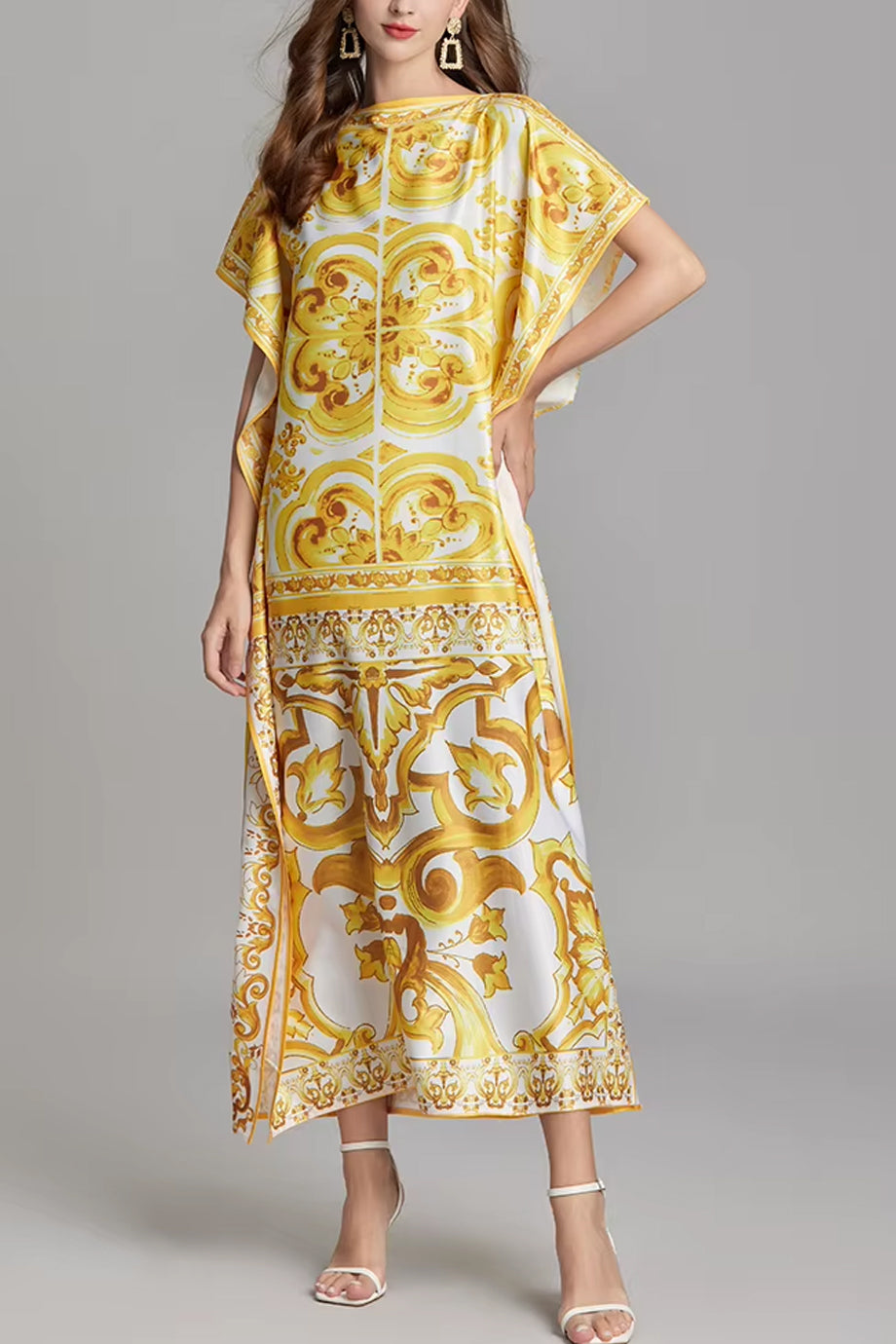 Yellow Reef Εμπριμέ Φόρεμα Καφτάνι | Γυναικεία Ρούχα - Beachwear - Loungewear | Yellow Reef Maxi Printed Kaftan Dress