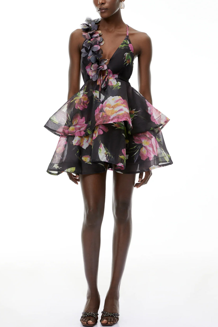 Chione Φλοράλ Μίνι Φόρεμα με Βολάν και Ανοικτή Πλάτη | Βραδινά Φορέματα Evening Dresses | Chione Floral Mini Dress with Asymmetric Strap and Layered Ruffle Skirt
