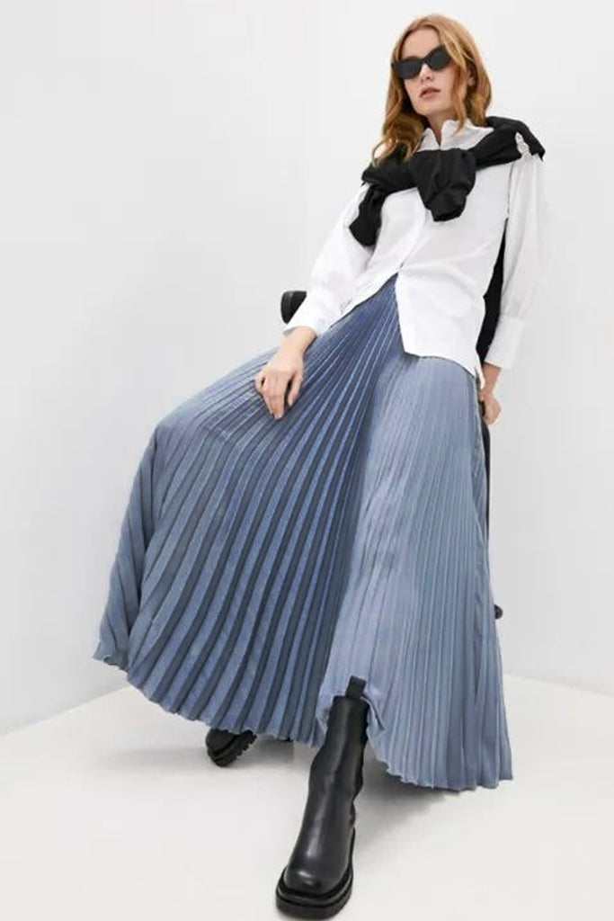 Blauer Biker-Maxi-Faltenrock
