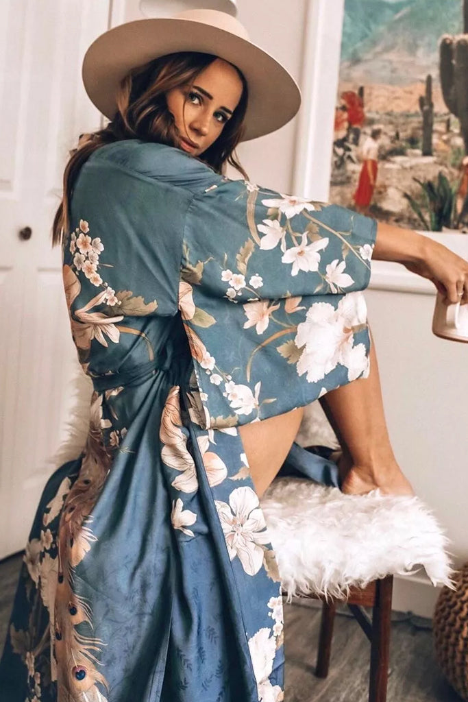 Zenie Γαλάζιο Εμπριμέ Κιμονό | Γυναικεία Ρούχα - Beachwear - Loungewear