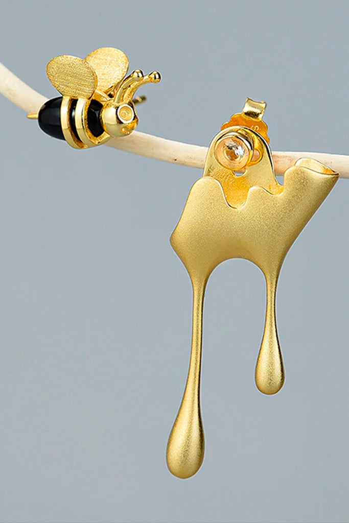 Sweet Bee Χρυσά Σκουλαρίκια με Μέλισσα και Μέλι | Κοσμήματα - Σκουλαρίκια