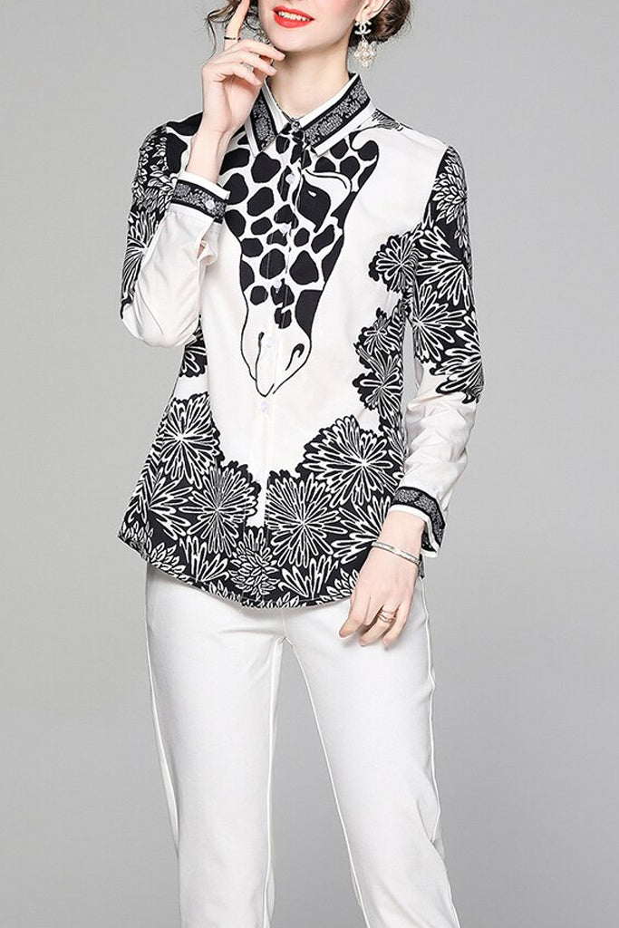 Giraffe Ασπρόμαυρο Πουκάμισο με Σχέδια | Γυναικεία Ρούχα - Πουκάμισα