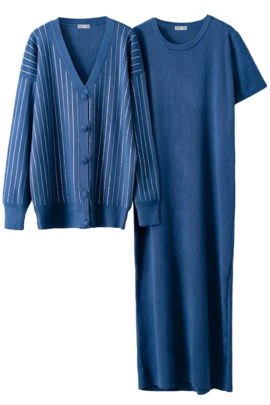 Sylvette Μπλε Σετ με Πλεκτό Φόρεμα και Ζακέτα | Πλεκτά Σετ - Knit Sets | Sylvette Blue Knit Set with Dress and Cardigan