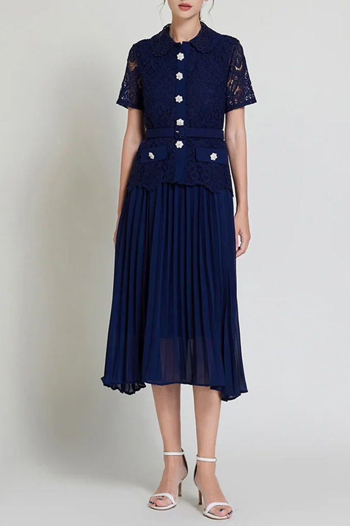 Daleyza Μπλε Φόρεμα Σετ με Δαντέλα και Πλισέ