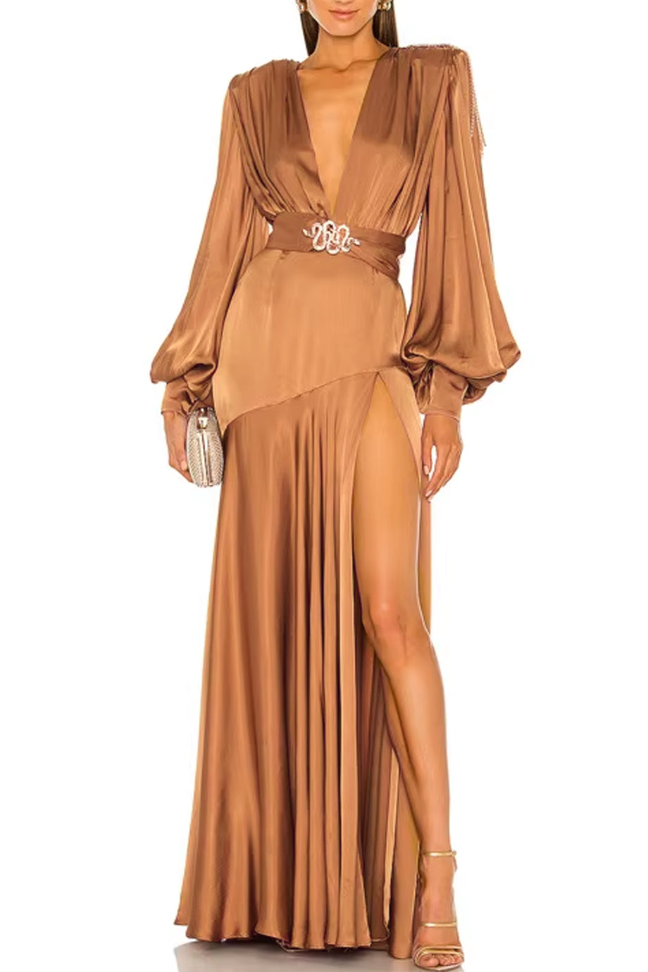 Sermina Καμηλό Σατέν Βραδινό Φόρεμα | Βραδινά Φορέματα - Evening Dresses | Sermina Camel Satin Evening Dress