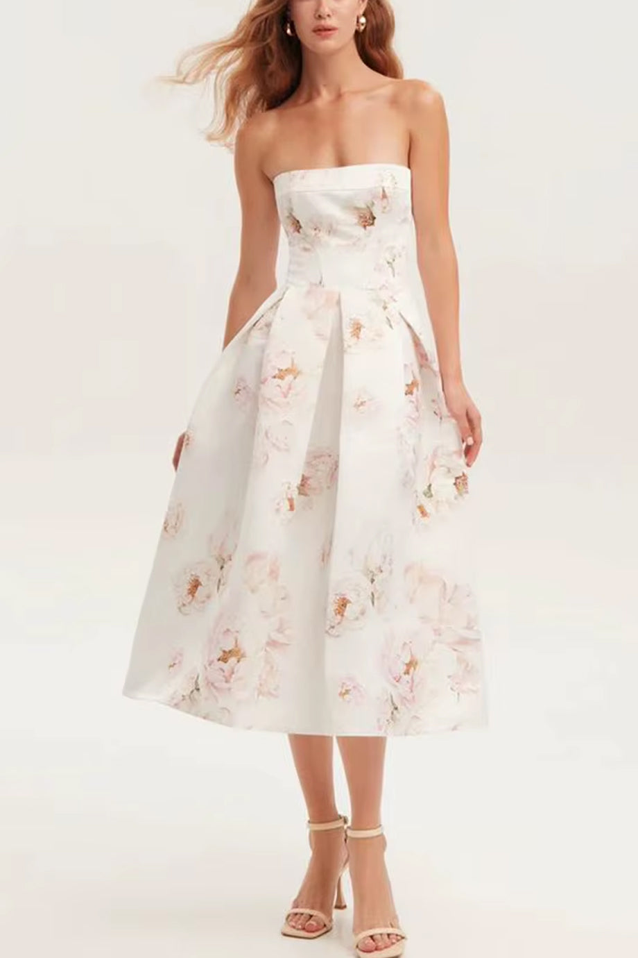 Ivory Crown Εμπριμέ Στραπλες Φόρεμα | Βραδινά Φορέματα - Evening Dresses | Ivory Crown Floral Strapless Flared Dress