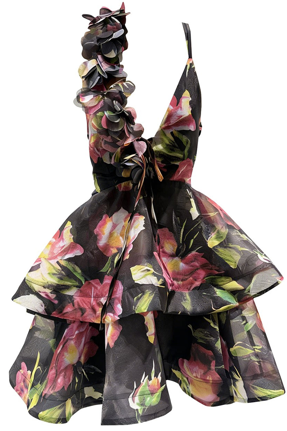 Chione Φλοράλ Μίνι Φόρεμα με Βολάν και Ανοικτή Πλάτη | Βραδινά Φορέματα Evening Dresses | Chione Floral Mini Dress with Asymmetric Strap and Layered Ruffle Skirt