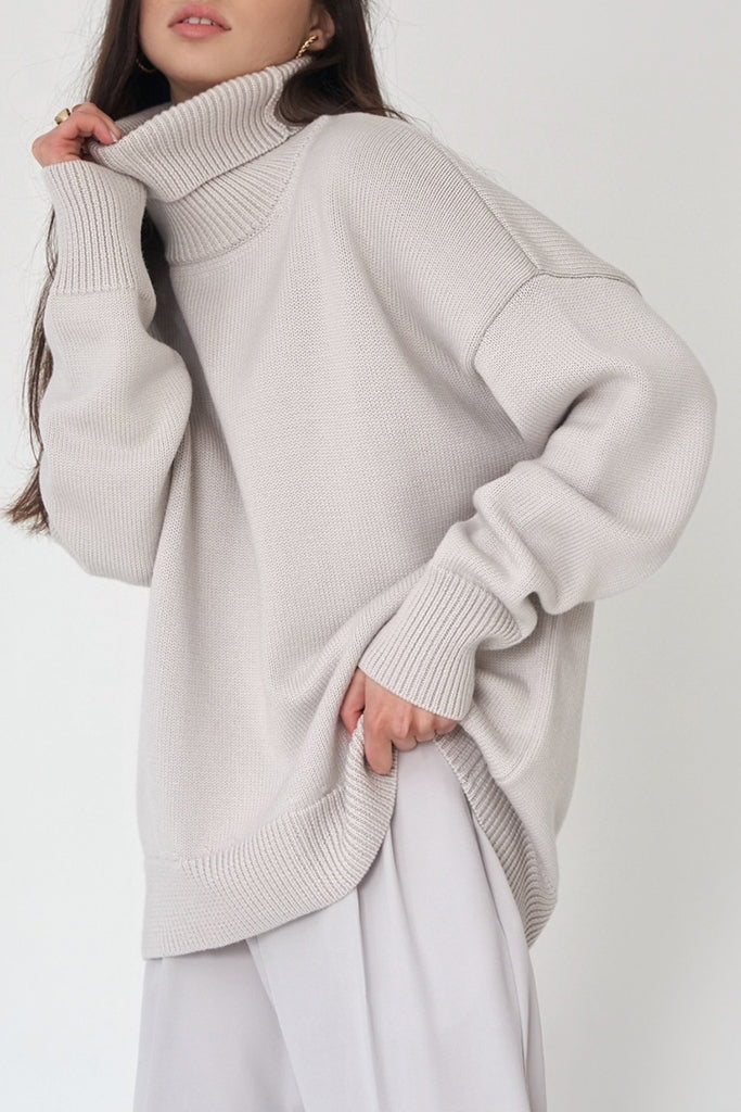 Sletty Γκρι Ασύμμετρο Πουλόβερ με Ζιβάγκο | Γυναικεία Ρούχα - Πουλόβερ Πλεκτά Moncye Sletty Grey Asymmetrical Turtleneck Sweater Knitwear