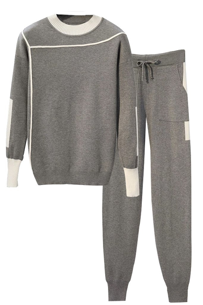 Γκρι Πλεκτό Σετ Τοπ και Παντελόνι | Γυναικεία Ρούχα Πλεκτά Σετ